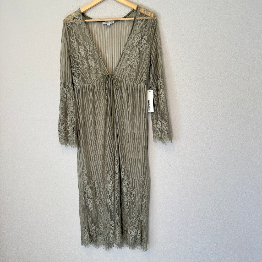 Haute Monde Olive Green Sheer Floral Lace Tie Front Duster Cardigan HMJ20531 M